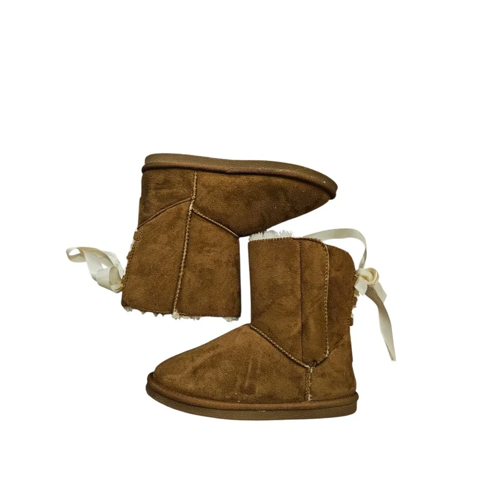 Apres by Lamo‎ Lil Girls 5y Faux Fur Lined Boots Tie Back Bow Tan